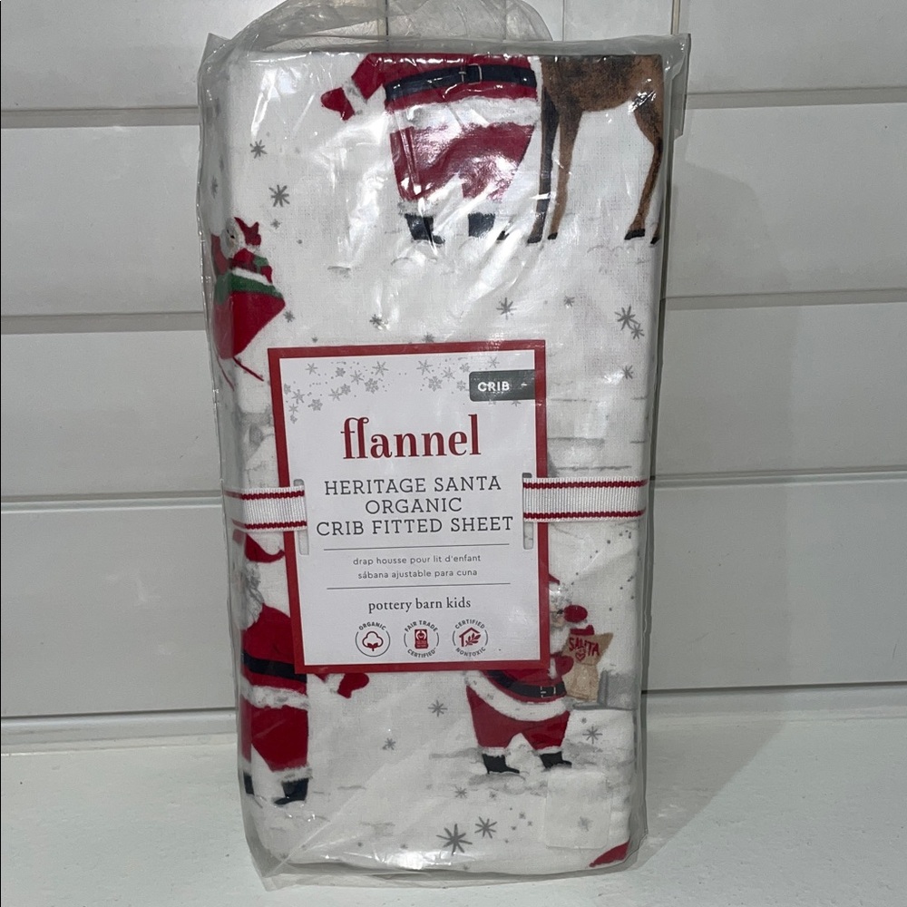 NEW Pottery Barn Kids Vintage Santa Flannel Crib Sheet - White and Red Organic